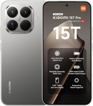 XIAOMI 15T Pro, Smartphone 12+512GB, 6,83" 144Hz augenschonendes Display, MediaTek Dimensity 9400+, 50MP Leica 5X Pro Teleobjektiv, 5500mAh, Titan, 2 Jahre Garentie